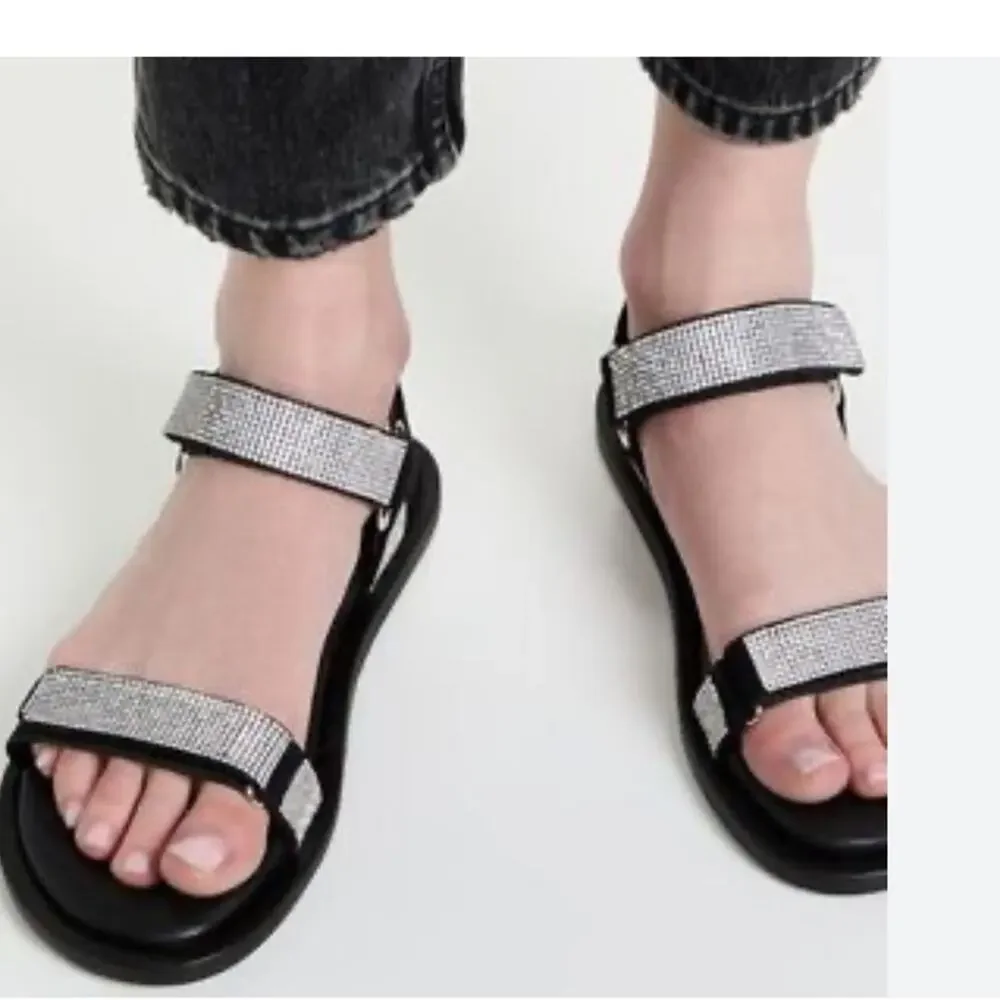 STAUD Black Flat rhinestone Sandals with Velcro closures size 39 - Picture 3 of 14